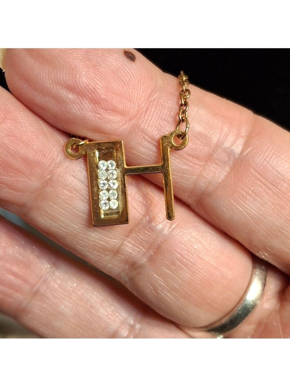 Gold Initial H Necklace With Rhinestones 15"